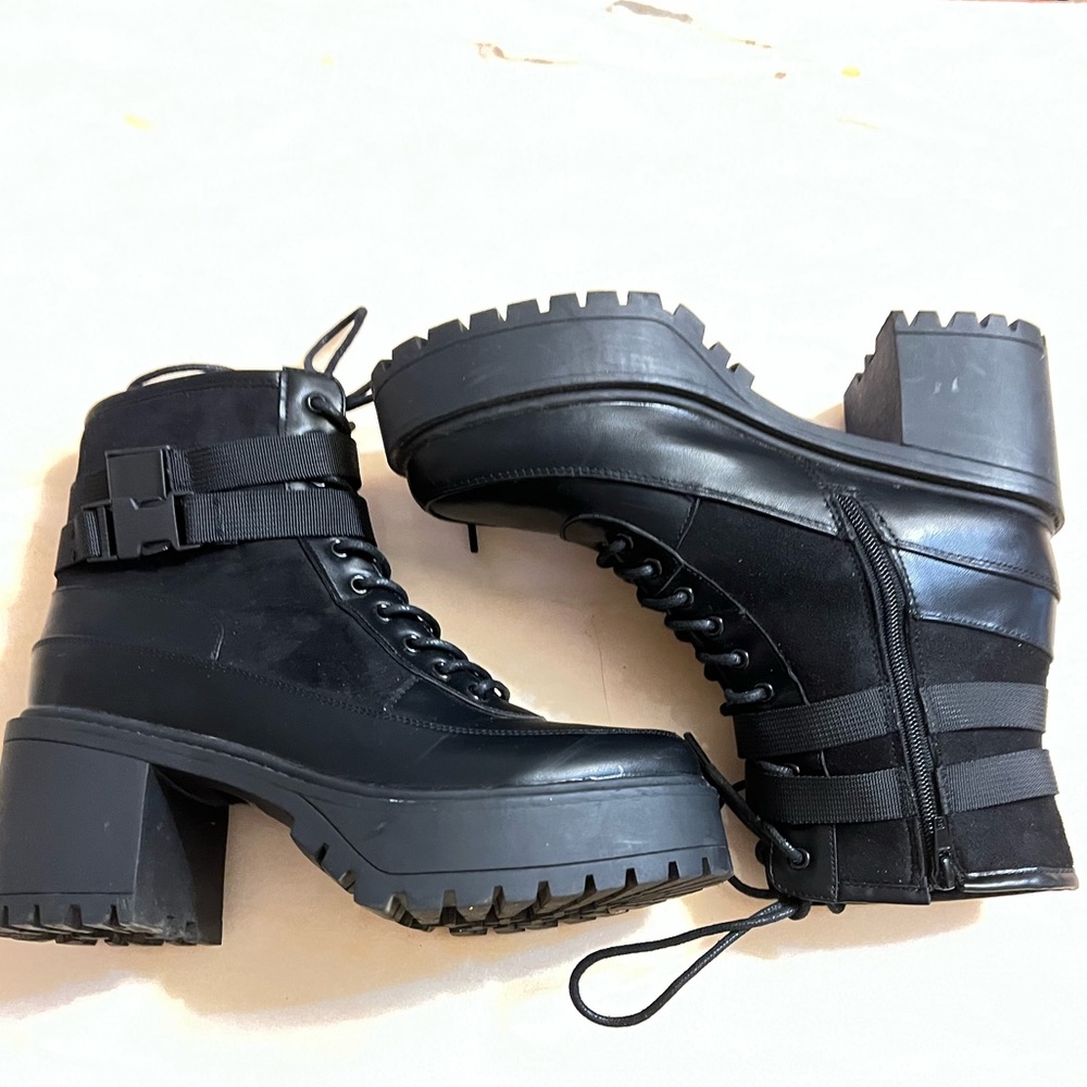 French connection black combat chunky platform lug boots size 10 vegan leather - Picture 5 of 10